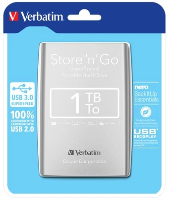 Verbatim 53071 1TB Store 'n' Go USB 3.0 2.5 Inch External Hard Drive -Silver Sil - Image 1 of 4