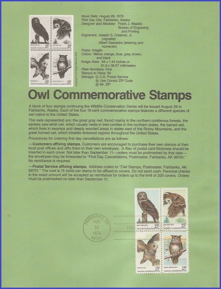 USA7 #1760-63 U/A SOUVENIR PAGE FDC BL4  American Owls - Image 1 of 1
