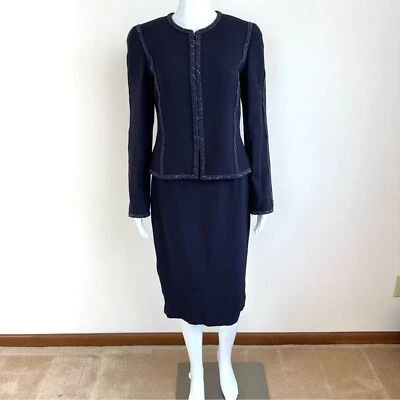 Louis Feraud 100% Silk Black Label Navy Blue Skirt Set Beaded Beads Embroidered - Изображение 1 из 4