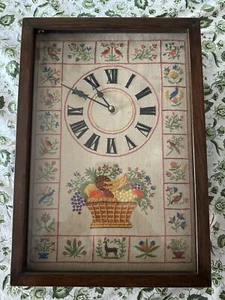 Wood Shadowbox Clock NeedlePoint Embroidered Face Vintage Flowers Birds Fruit - Picture 1 of 12