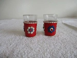 ONE PAIR OF SHOT GLASSES WITH DECORATIVE LEATER COVER 3D FLORAL DESIGN - Picture 1 of 6