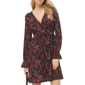 New Michael Kors Short V-Neck Long-Sleeve  Fall Paisley Dress Black Maroon Sz PS - Picture 1 of 8