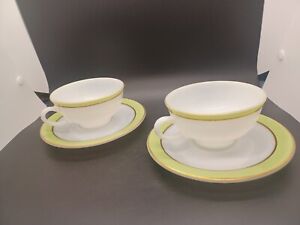 Vtg Pyrex Tea Cup and Saucer White Glass Lime Green & Gold Rim Set of 2