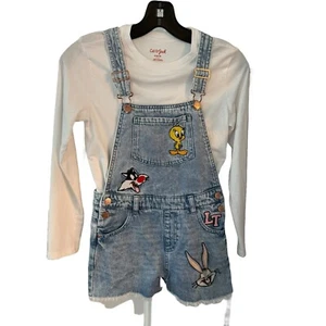 Looney Tunes Girls Overall Denim Shorts & Cat & Jack White Top Sz 9-10 - Picture 1 of 17