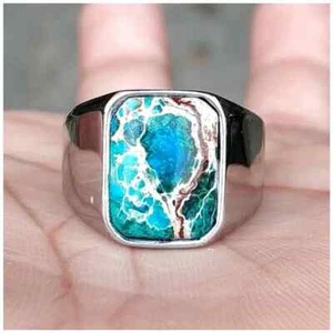 NATURAL TURQUOISE BLUE MINIMALIST OCTAGON TITANIUM SILVER AGATE STONE RING - Picture 1 of 4
