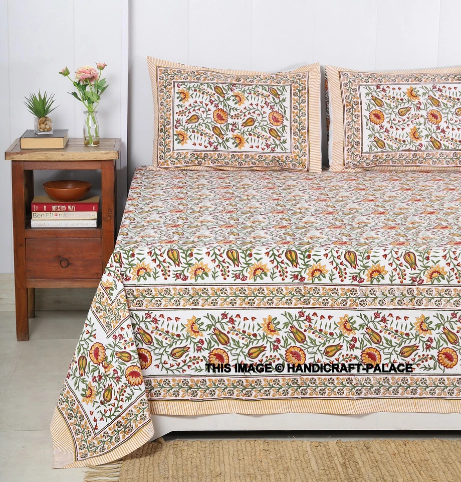 Sábana bajera india con 2 fundas de almohada tamaño king blanca con estampado floral de bloques Foto 1 de 3