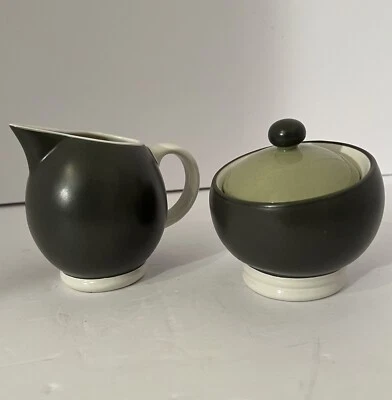 Pfaltzgraff Gray and Sage Green Sphere Creamer & Sugar Bowl w/ Lid, Coffee Tea - Image 1 of 4