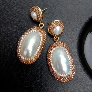 22x34mm Natural White Sea Shell Golden Crystal Pave Dangle Earrings - Picture 1 of 6