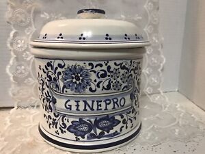 Deruta Artistica Italy Majolica Canister Jar Blue White Ginepro Wide Large 7”