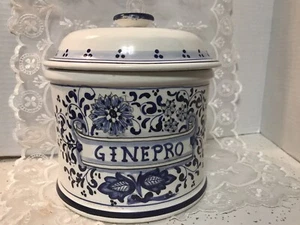 Deruta Artistica Italy Majolika Kanister Glas blau weiß Ginepro breit groß 7" - Bild 1 von 7