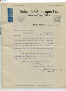 Vintage Illustrated Letterhead SCHMIDT & AULT PAPER York PA 1913 Codorus Mills - Picture 1 of 1