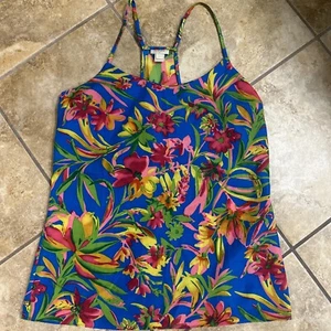 J CREW WOMENS RACERBACK CAMI TANK TOP BLUE FLORAL HAWAIIAN PRINT SIZE 2 - Picture 1 of 5