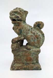 Cast Iron Chinese Foo Dog with Antique Green Patina and Gold Finish