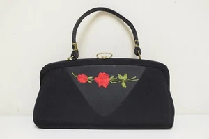 Borsa a mano vintage in tessuto nero con manico superiore e rose ricamate - Foto 1 di 7
