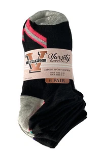 Varsity Assorted 6 Pack Women's Black No Show Socks Colorful Summer Sport Socks - Picture 1 of 4