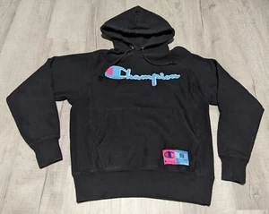 Men's Champion Reverse Weave Embossed Black Pink Blue Hoodie Sz Small - Picture 1 of 9