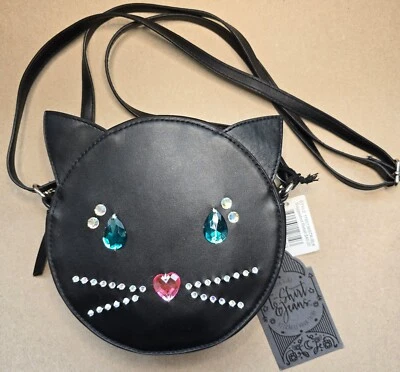 Bolsa tiracolo camiseta e jeans preta PVC com joias rosto de gato bolsa cantina - Imagem 1 de 4