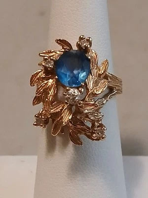 复古女士 14K 纯金蓝色 ZIRCON 天然钻石 树木形戒指  — 第 1/4 张图片