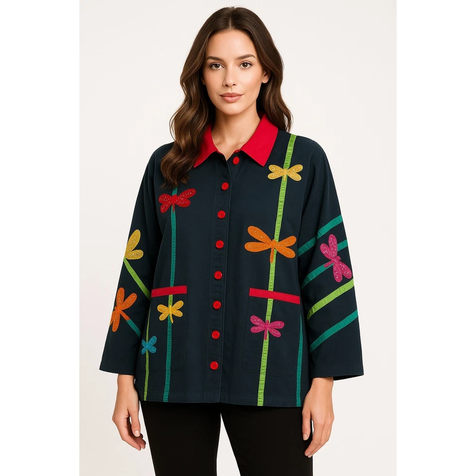 The Quacker Factory Jacket Womens 3X Sequin Dragonfly Statement Festival Artsy - Image 1 of 4