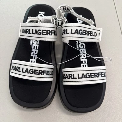 Sandalia Karl Lagerfeld Olek Correa Sin Cordones Talla 7 Negra Blanca Plana Cómoda Nueva Sin Caja Foto 1 de 4
