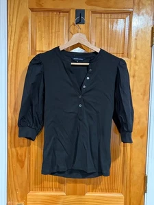 Veronica Beard Black Pima Cotton Popover Top Puff Sleeve Henley Made in Peru - Picture 1 of 8
