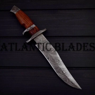 CUCHILLO BOWIE DE CAZA DE ACERO DAMASCO HECHO A MANO CON GUARDIA DE DAMASCO Y MANGO DE MADERA Foto 1 de 3