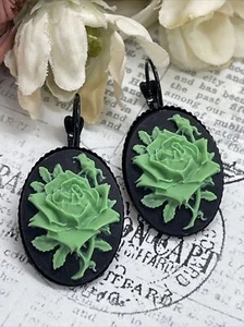 Witch Rose Gothic Wedding Green Black Setting Enamel Earrings Cameo Birthday - Picture 1 of 15