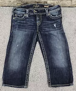 Pantalones de mezclilla plateados para mujer Tuesday Crop Y2K años 90 desgastados tiro bajo Capris azul 29 usados en excelente estado - Imagen 1 de 12