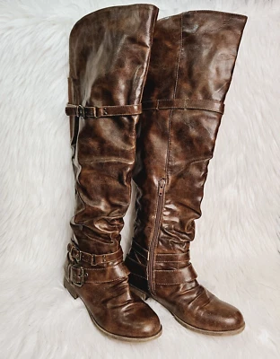 Just Fab Knee-High Tall Brown Boots 6 WIDE "Catlia" Zipper Lined Buckle Accents - Image 1 of 4