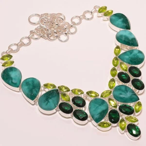 Green Druzy Diopside Peridot Gemstone Silver Plated Necklace Jewelry 18" - Picture 1 of 1