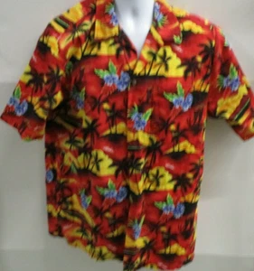 Island Aloha Wear Hawaiian Shirt, S/S, Large, Red w/Sunsets, Palms, & Flowers - Picture 1 of 6