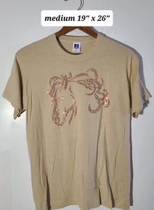Vintage 90s Russell Athletic Sequined Horse Brown Medium T-Shirt Single Stitch - Picture 1 of 5