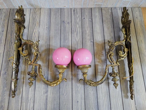 Vtg Architectural Salvage Zatar Face Pink Globe Flame Brass Pair Wall Sconces Cover