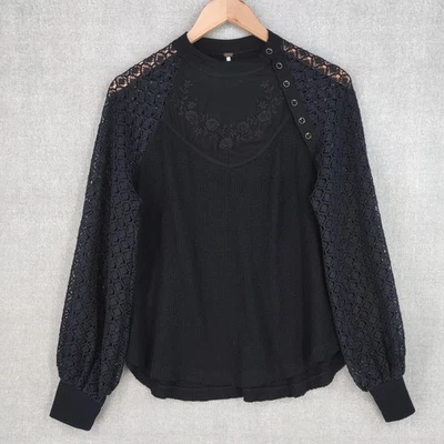 Camisa Free People Mujer Mediana Negra Manga de Encaje Cosa Más Dulce Térmica Boho Top Foto 1 de 4