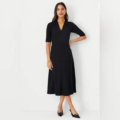 NWT $98 Ann Taylor Black V-Neck Elbow Sleeve Flare Midi Dress Women's Size 14 - Image 1 of 4