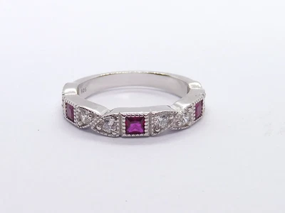 Ladies Handmade 925 Sterling Silver Ruby and  White Sapphire Eternity Ring - Image 1 of 4
