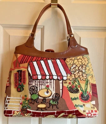 ВИНТАЖНЫЙ ISABELLA FIORE ДАМСКАЯ СУМКА ТВЕРДЫЙ ХОЛСТ КОЖАНЫЕ РУЧКИ КАФЕ СЦЕНЫ БИСЕР БЛЕСТКИ - Изображение 1 из 4