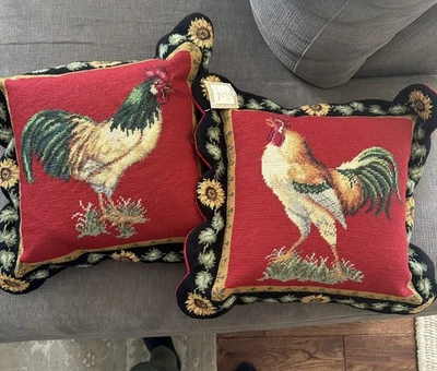 Chicken Rooster Sunglower  Needlepoint Throw  Pillows X 2 - Image 1 of 4