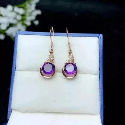2.00Ct Round Cut Lab-Created Amethyst Women Drop Earring 14k Yellow Gold Finish - Image 1 of 3