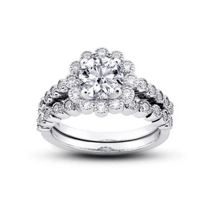 Anillo con halo de 14 k de diamantes naturales redondos de 0,96 quilates G/SI1 con alianza de boda - Imagen 1 de 4