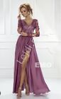 Emo Plum Purple Lace Sequin  V Neck Maxi Satin Split Prom Evening Dress Uk 8