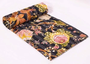 Indian Cotton Floral Print Kantha Quilt Handmade Bedspread Reversible Blanket - Picture 1 of 4