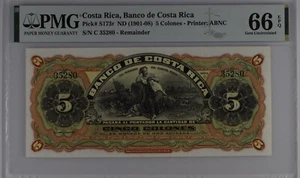 Costa Rica, Banco de Costa Rica, 5 Colones 1901-1908 P#S173r .PMG 66 EPQ GEM UNC - Picture 1 of 2