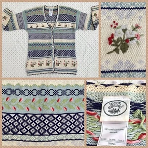 VINTAGE LAURA ASHLEY Floral Cotton Cardigan S 10 12 Embroidered Chunky 90s - Picture 1 of 15
