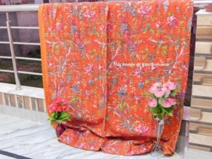 Indian Handmade Kantha Quilt Orange Bird Print Bedspread Blanket Throw Bedding - Picture 1 of 7