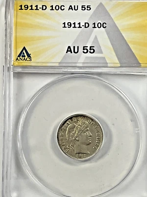 Moeda de dez centavos de barbeiro 1911-D: ANACS AU55 - Imagem 1 de 4