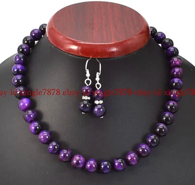 Lindo conjunto de brincos de colar de pedras preciosas redondas olho de tigre roxo 6/8/10/12 mm 20" - Imagem 1 de 4