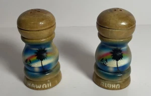Hawaii Aloha Salt and Pepper Shaker Set Vintage Wood Salt and Pepper Shakers - Picture 1 of 5