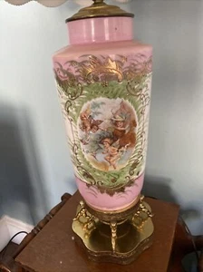 Vintage Porcelain Painted Cherub Lamp Brass Base Pink Green Tall - Picture 1 of 9