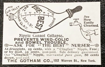 Gotham Co THE BEST NURSER w/Clingfast Nipple Antique c1890s Baby Bottle Print Ad - Imagem 1 de 2